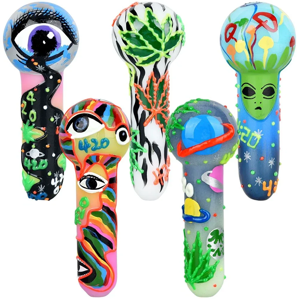 420 Painted Glow In The Dark Glass Hand Pipe - 5" / 6ct