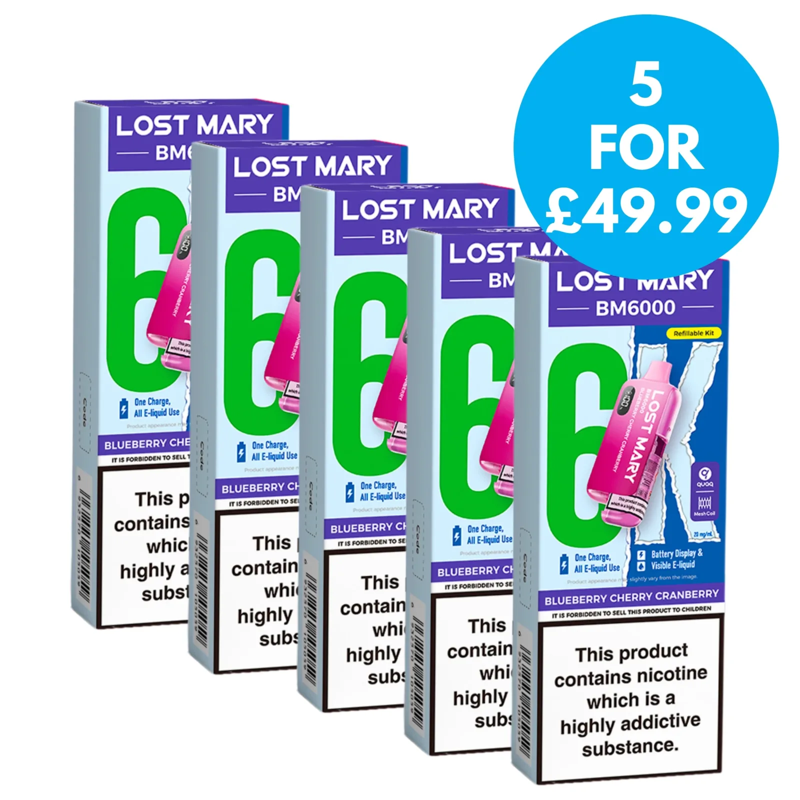 Box of 5 – 20mg (2%) Lost Mary BM6000 (6K Puffs) Pod Vape