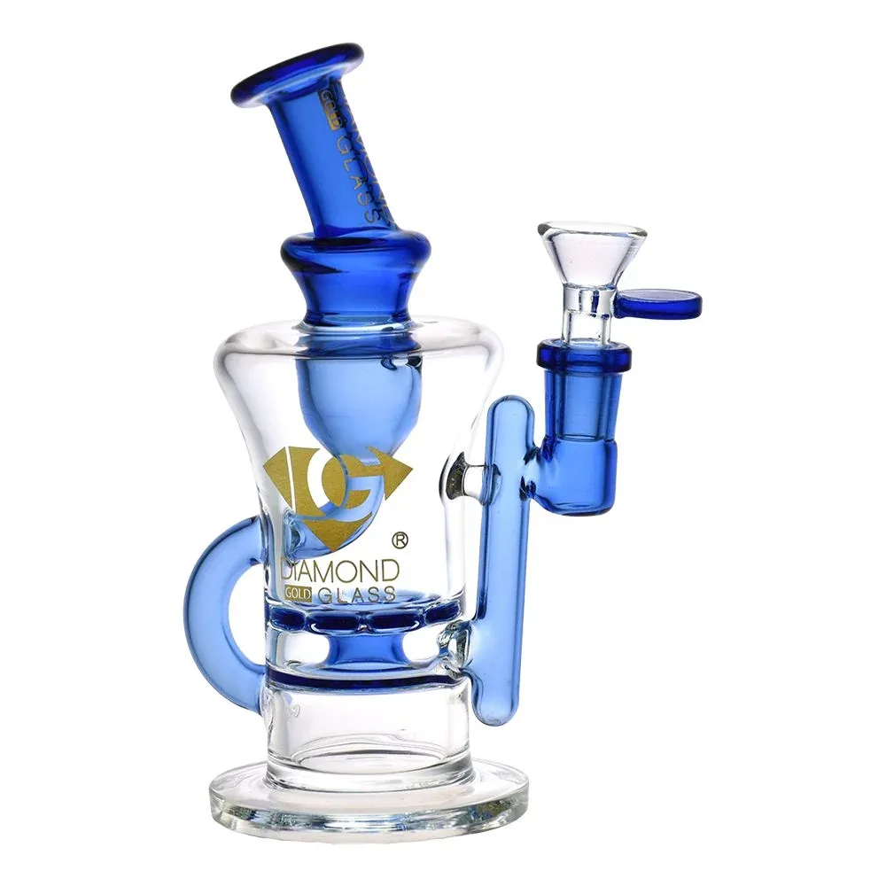 Diamond Glass Gold Ratchet Perc Recycler Water Pipe - 7.75" / 14mm F - Image 2