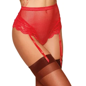 Dreamgirl High-Waisted Fishnet & Lace Garter Thong w Satin Ribbon Back Tie Ruby