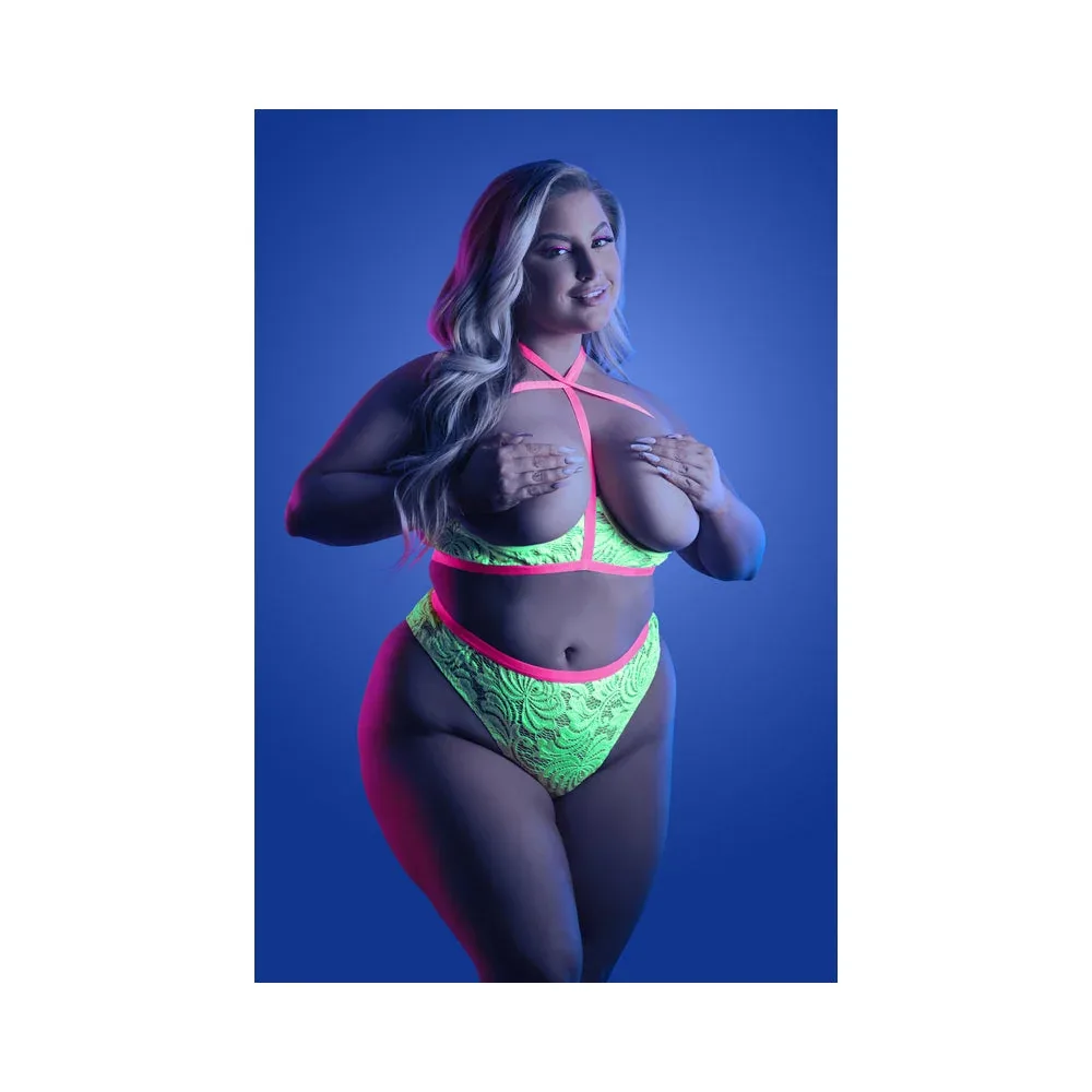 Fantasy Lingerie Glow Persuasive Open Cup Cage Bra & Panty Neon Green Queen - Image 2