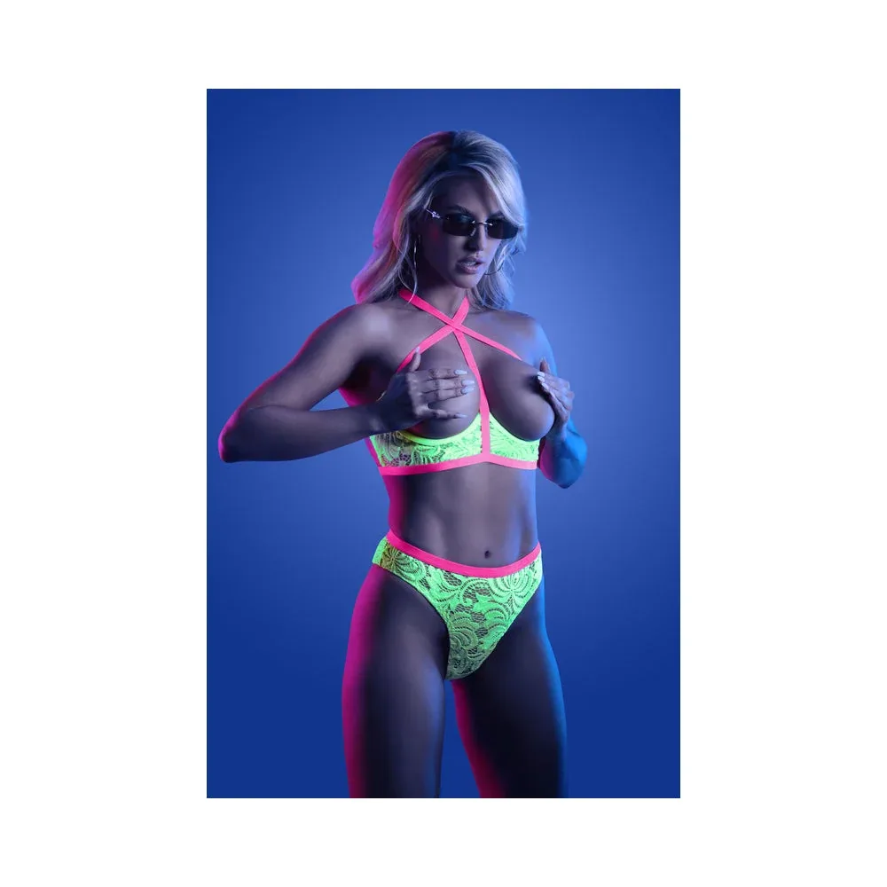 Fantasy Lingerie Glow Persuasive Open Cup Cage Bra & Panty Neon Green S/M - Image 2