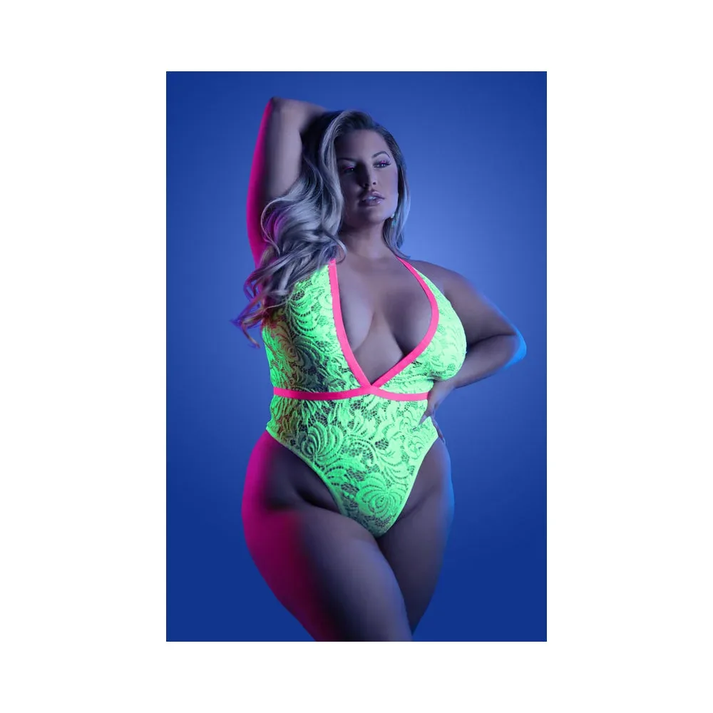 Fantasy Lingerie Glow Spotlight Contrast Elastic Lace Teddy with Snap Closure Neon Green Queen Size - Image 2