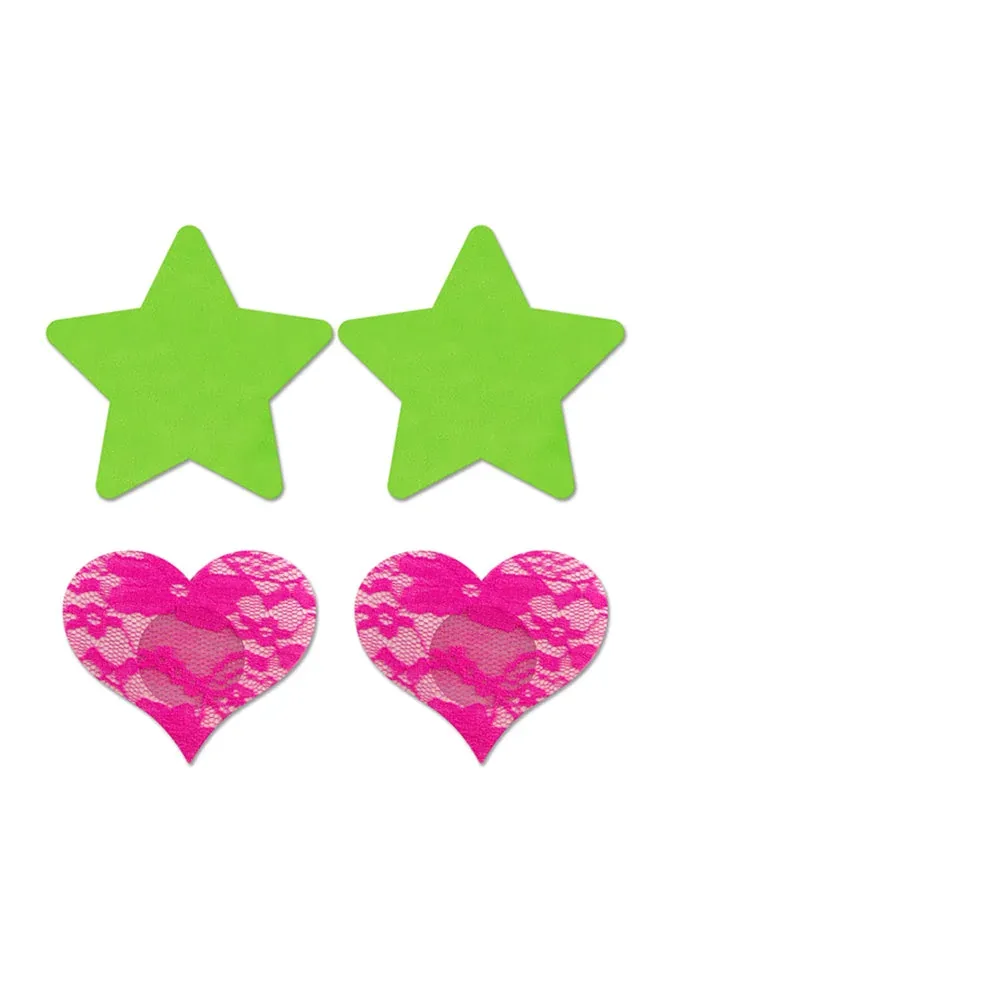 Fantasy Lingerie Neon Pasties 2-Pack Solid Neon Green Star & Neon Pink Lace Heart - Image 2
