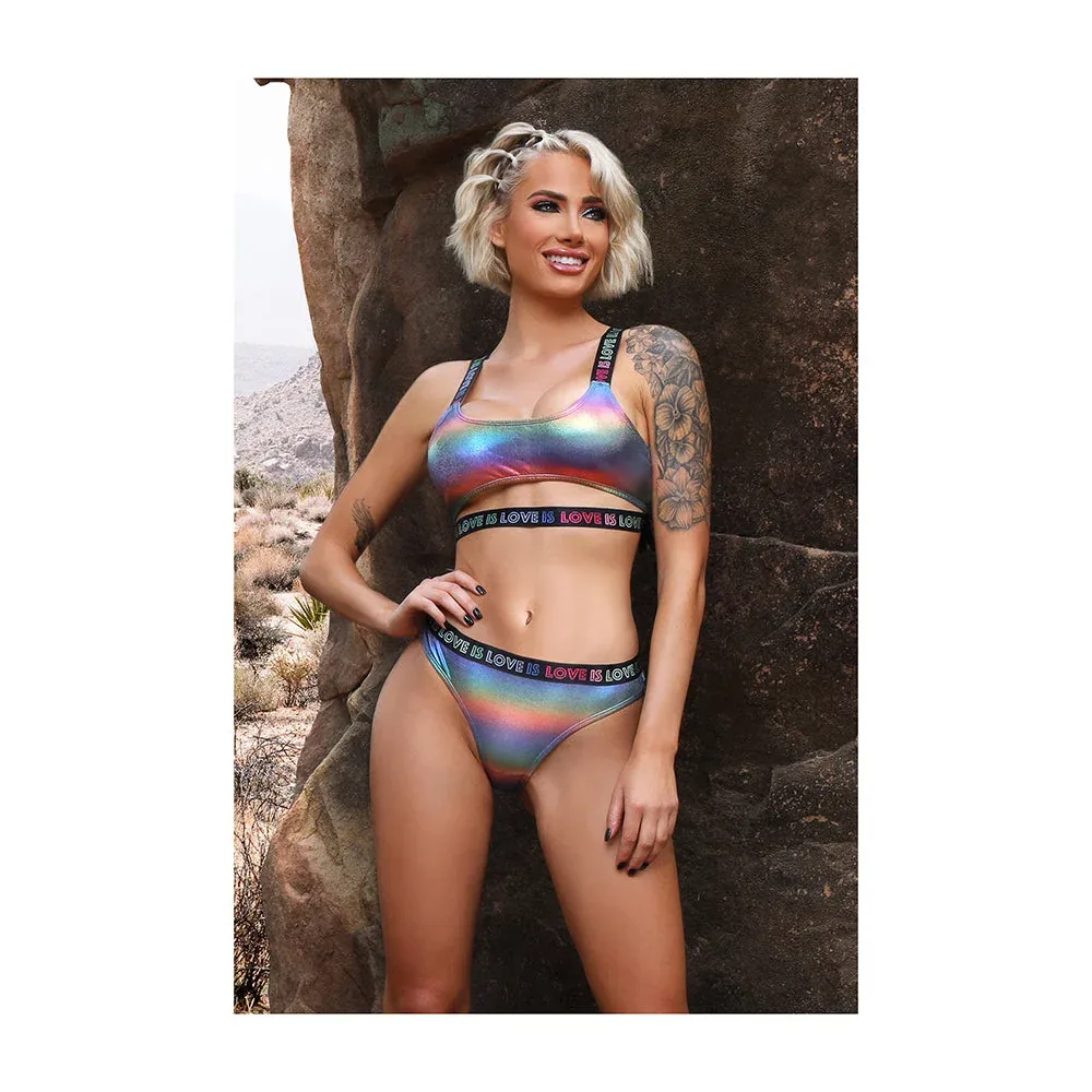Fantasy Lingerie Vibes Love is Love Underboob Cutout Top & Cheeky Panty Rainbow Holo M/L - Image 2