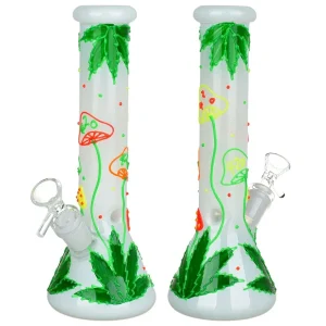 Hemp 420 Leaf and Shrooms Glow In The Dark Glass Water Pipe - 9.5" / 14mm F