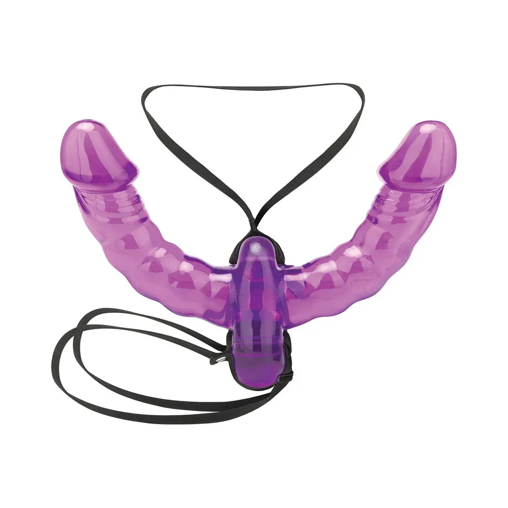 Lux Fetish Pleasure for 2 Double-Ended Strap-On Vibrating Double Dildo Purple - Image 2