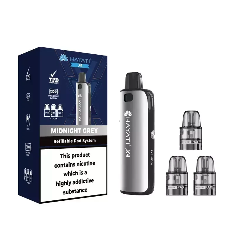Midnight Grey Hayati X4 Pod Vape Kit 1300mAh - 2ml Pods, 3x & 10ml Nic Salt
