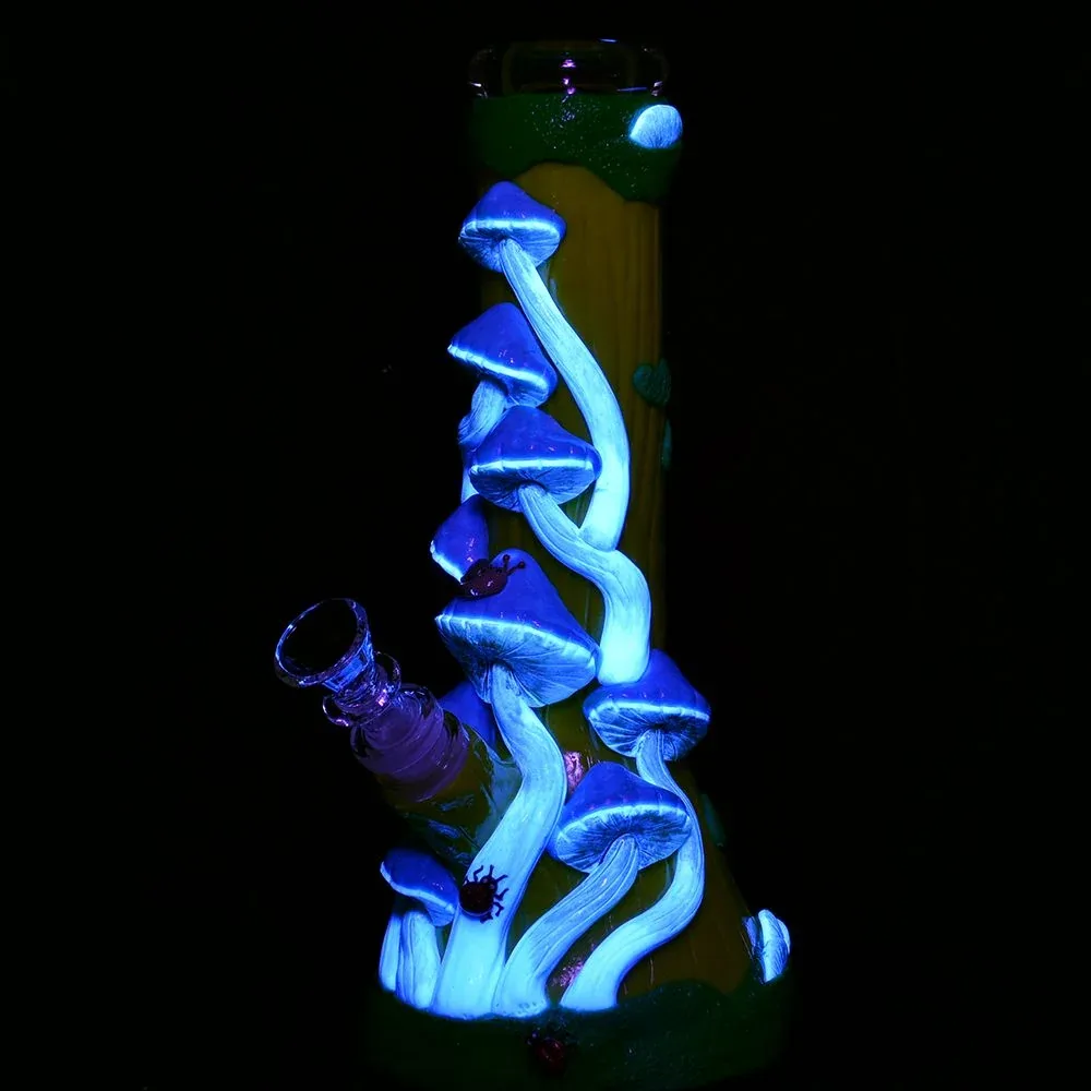 Mushroom Madness Glow in Dark Glass Beaker Water Pipe - 10" /14mm F/ Colors Vary - Image 2