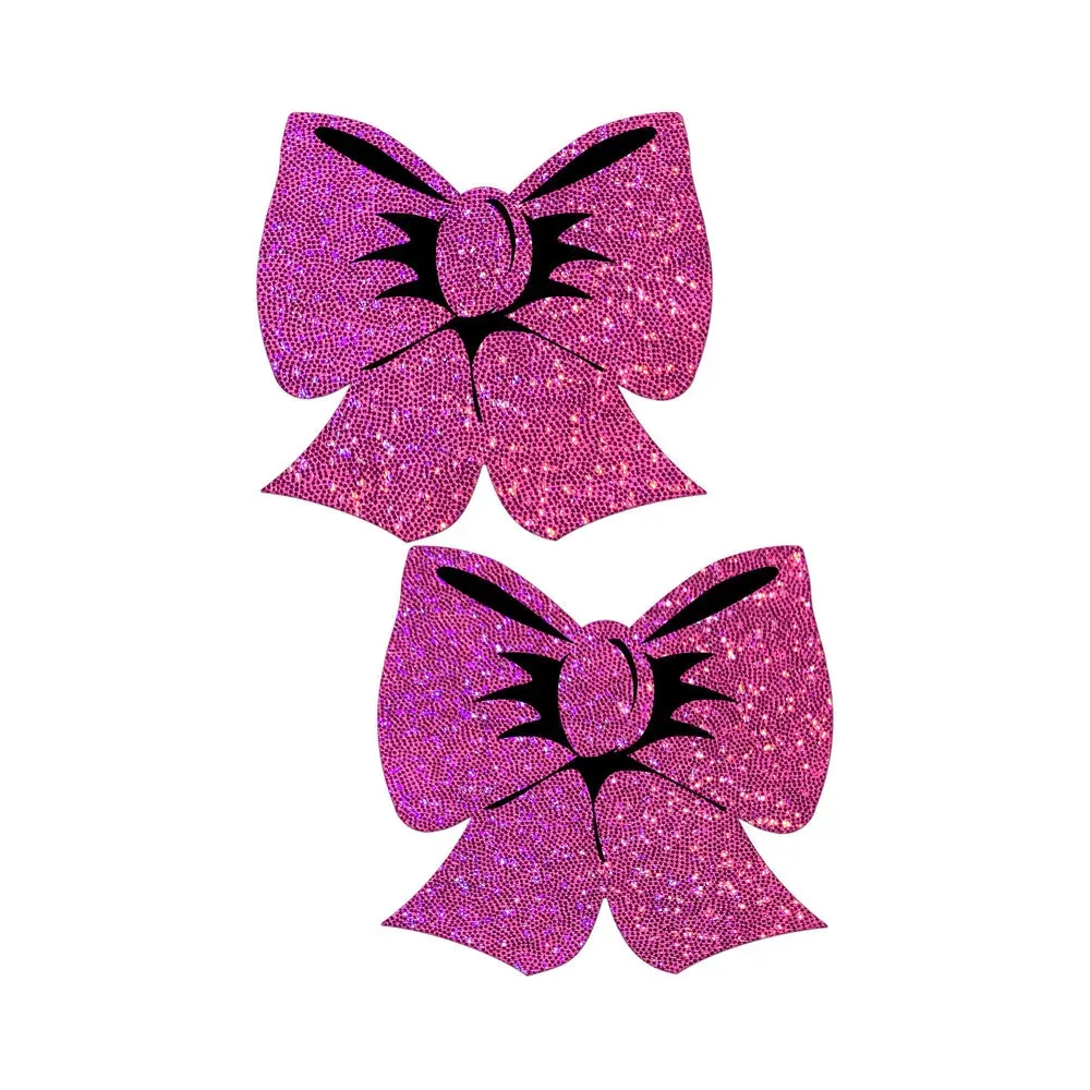 Pastease Bow: Hot Pink Glitter Bows Nipple Pasties - Image 2