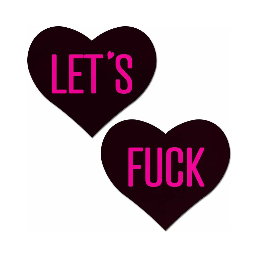 Pastease Love: Let's Fuck Black Heart on Neon Pink Base Nipple Pasties - Image 2
