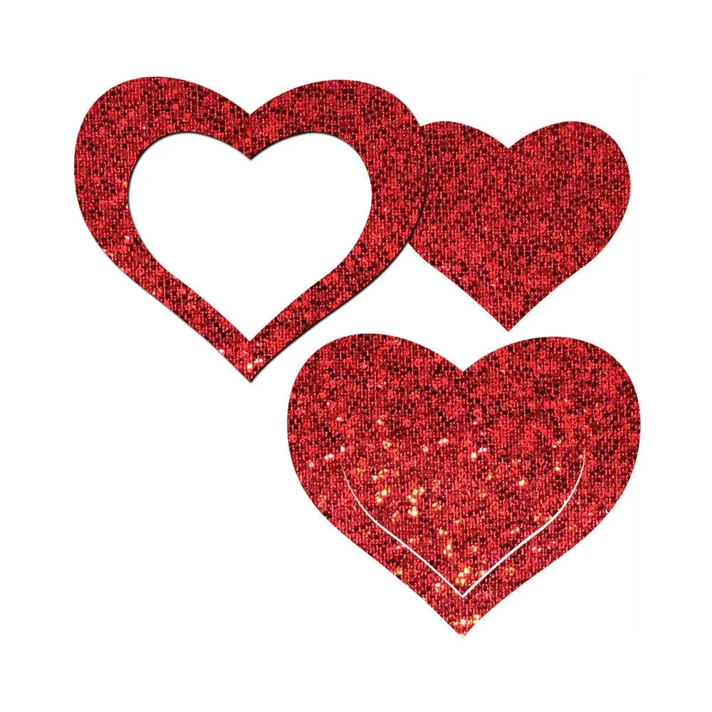 Pastease Peek-a-Boob: Red Glitter Heart Frame & Center Nipple Pasties - Image 2