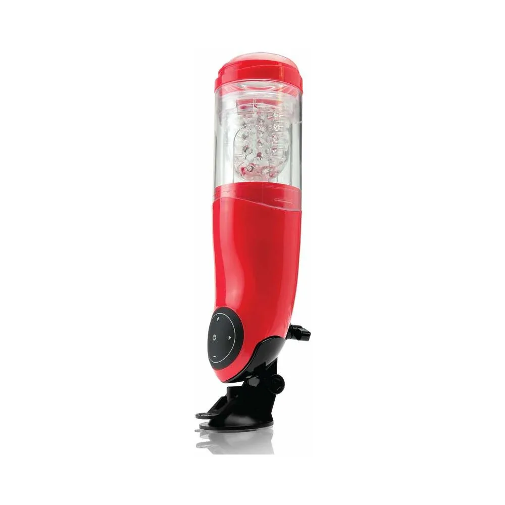 PDX Mega-Bator Mouth Rechargeable Rotating Thrusting Stroker With Hands-Free Suction Cup Clear/Red - Image 2
