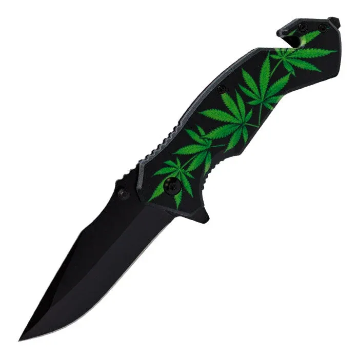 Perucci - 8" Black Herb Foliage Theme Foldable Pocket Knife