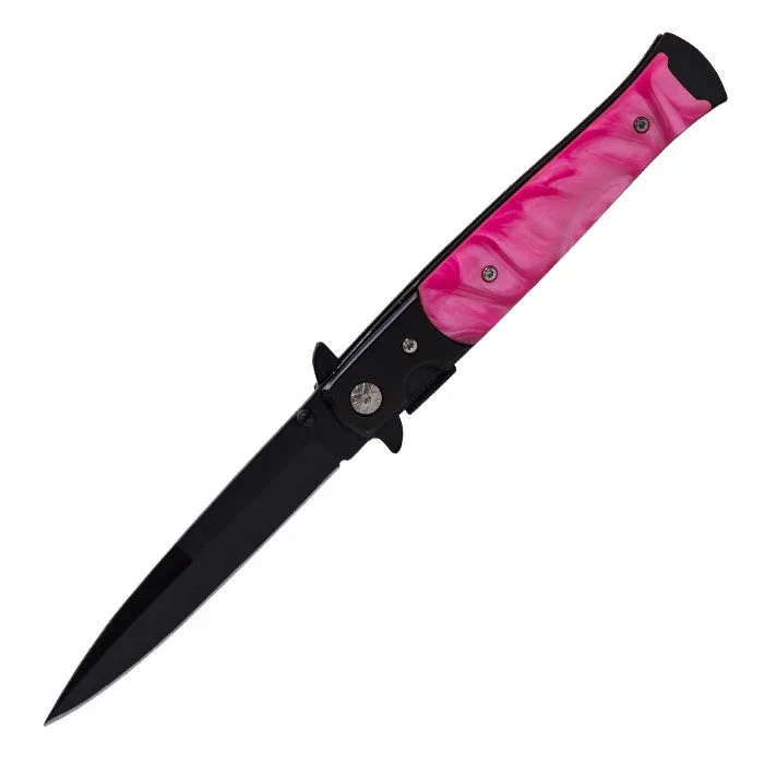 Perucci - 9" Black and Pink Marble Finish Foldable Pocket Knife