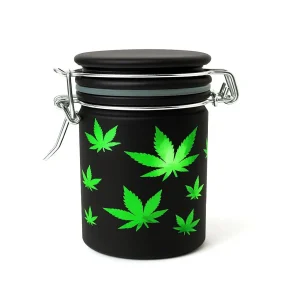 Airtight Black Frosted Glass Storage Jar With Green Leaf Design