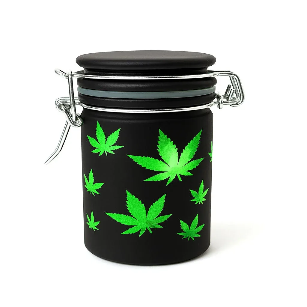 Airtight Black Frosted Glass Storage Jar With Green Leaf Design