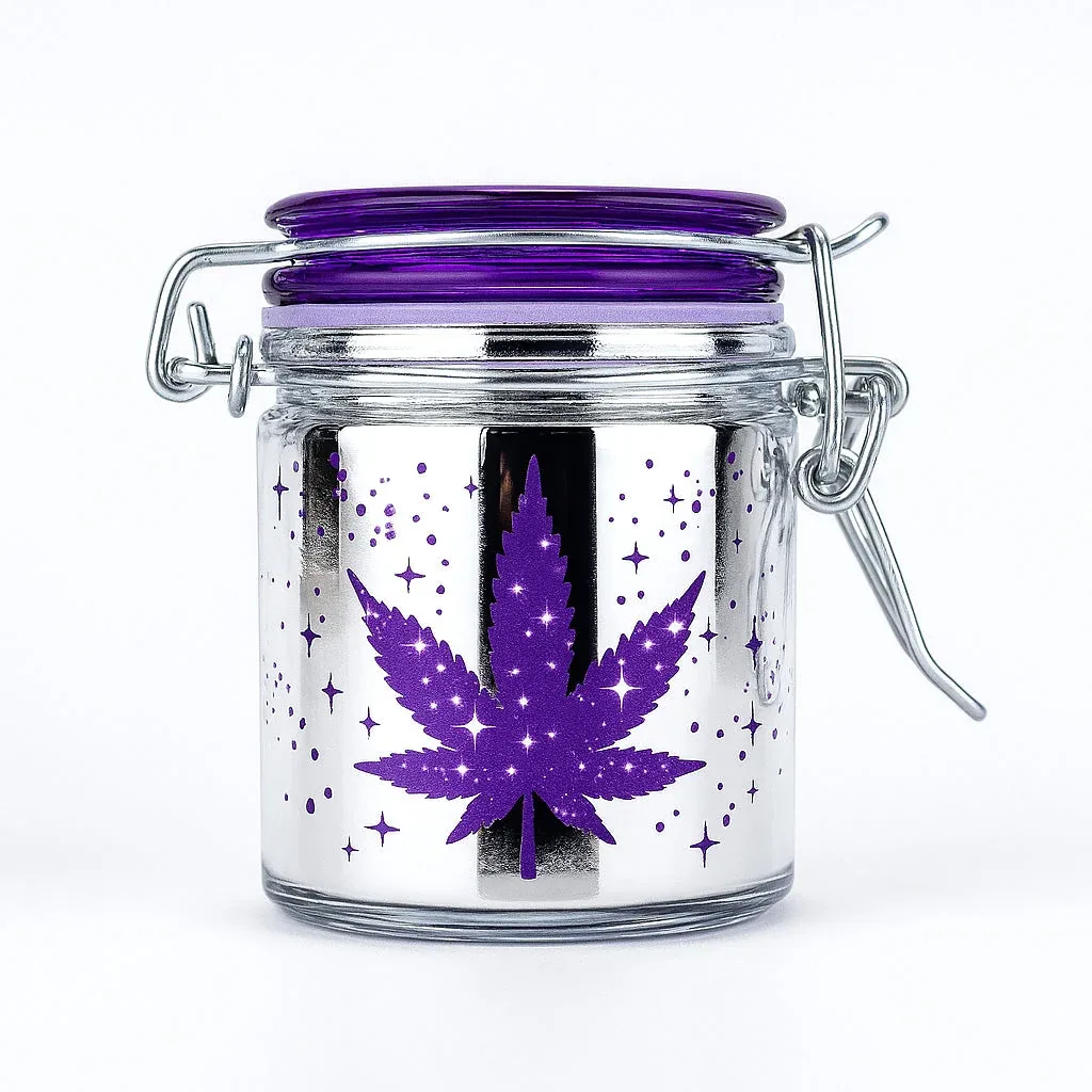Airtight Glass Metallic Silver/Purple Leaf Galaxy Storage Jar