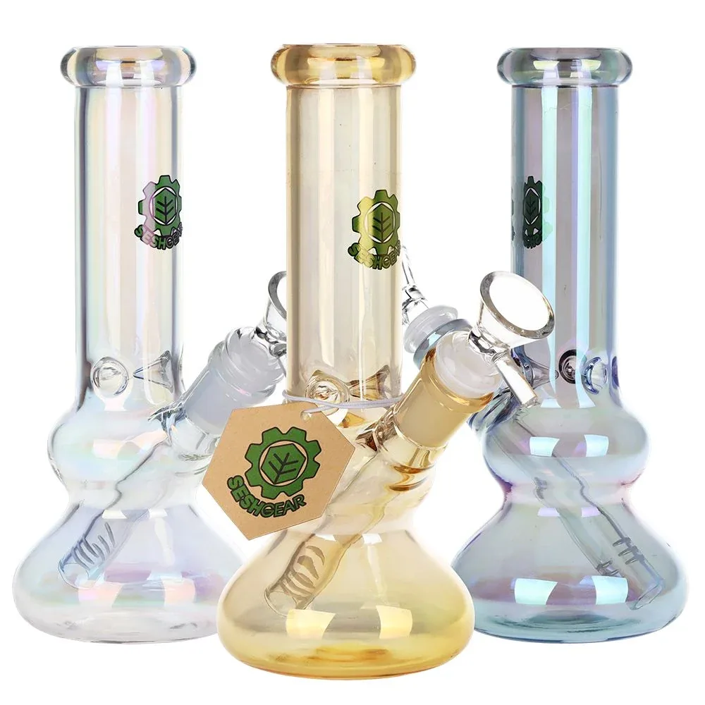 SeshGear Double Bubble Electroplated Glass Water Pipe - 8" / 14mm F / Colors Vary