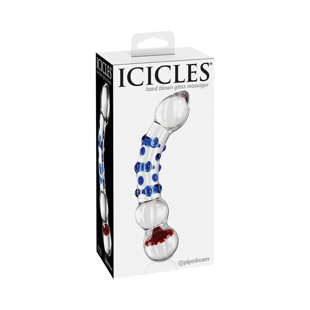 Icicles No. 18 Curved Textured 7.5 in. Glass Dildo Blue/Red/Clear