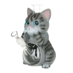 Grey Tabby Cat Glass & Vinyl Water Pipe - 9"