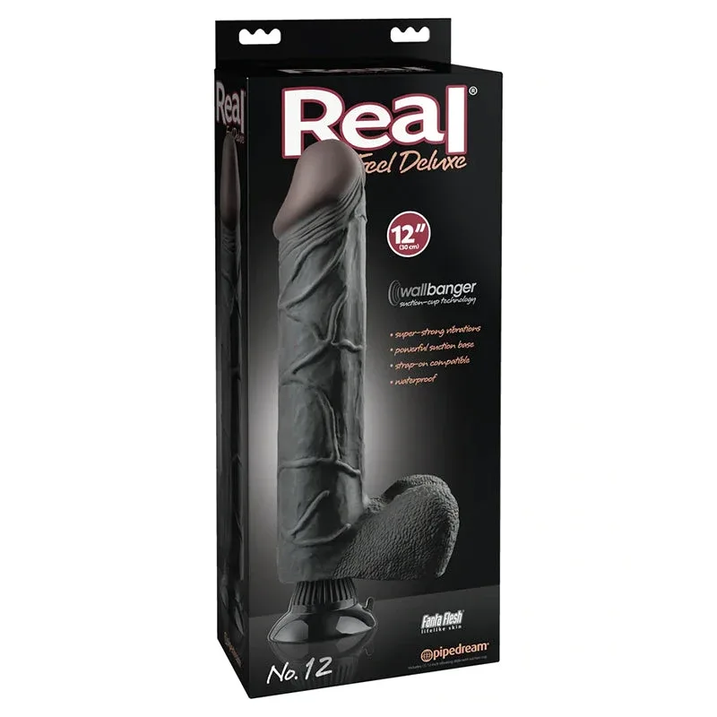 Real Feel Deluxe No. 12 Realistic 12 in. Vibrating Dildo With Balls and Suction Cup Black