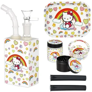 Hello Kitty Juicebox Glass Water Pipe Smoker's Travel Kit - 7" / 14mm F / Rainbow Kitty