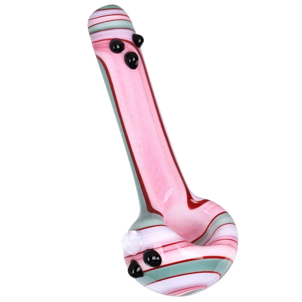 4CT BUNDLE - Cream Stripes w Marbles Glass Spoon Pipe - 4.75" / Assorted Colors - Image 2