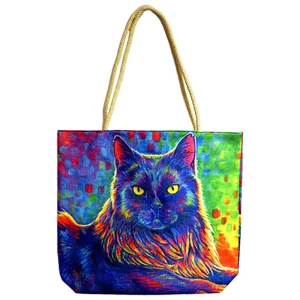 Psychedelic Rainbow Black Cat Tote Bag - Jute Rope-Handled 17"x15"