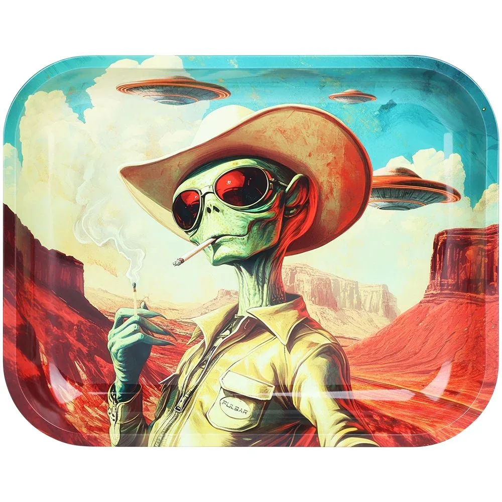 Pulsar Design Series Large Metal Rolling Tray - Cowboy Alien / 13"x11"