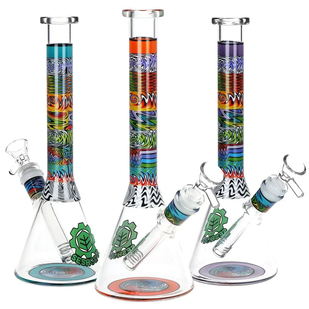 SeshGear Tehchnicolor Zig Wag Beaker Glass Water Pipe - 10" / 14mm F / Colors Vary