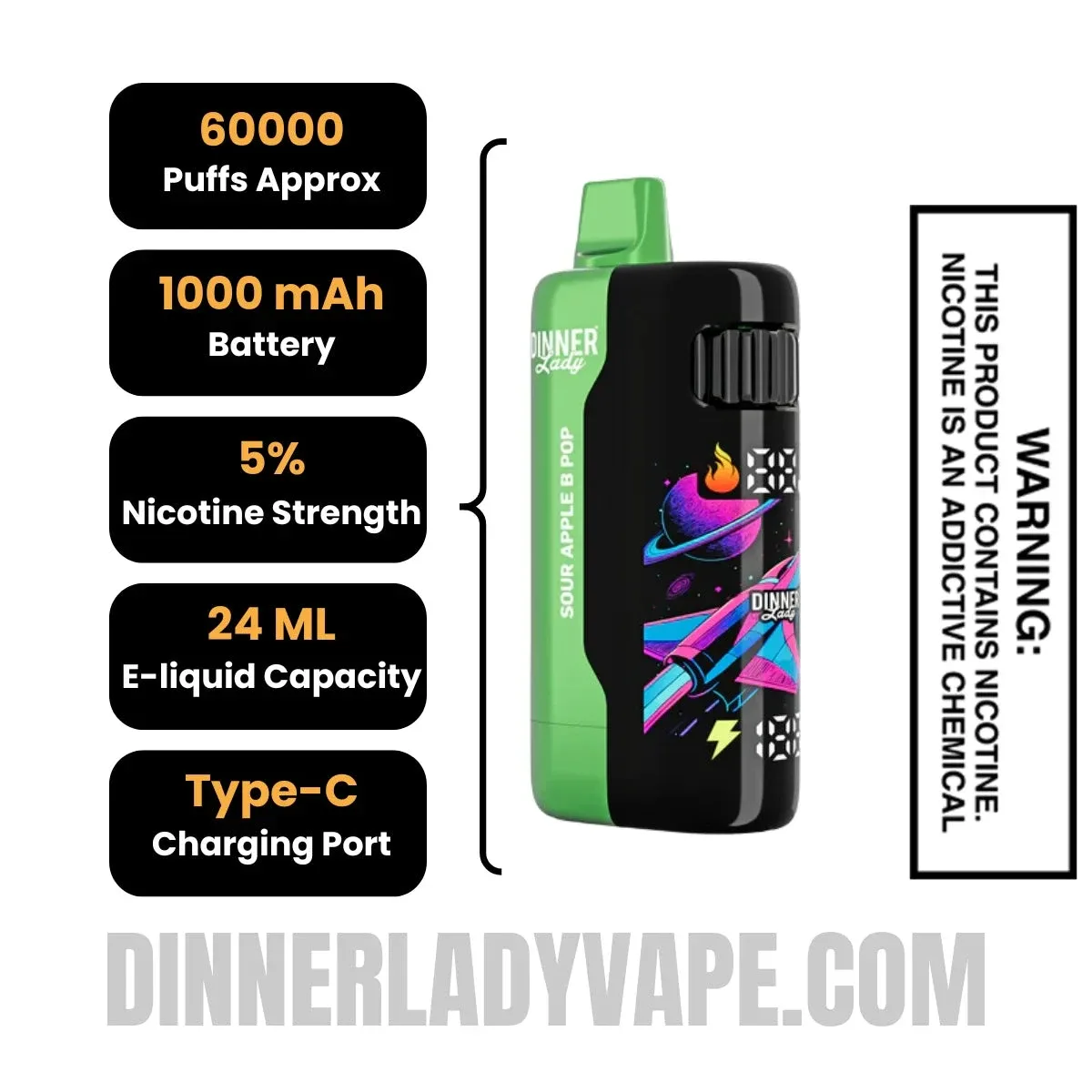 Sour Apple B Pop Dinner Lady Galax 60K Disposable Vape - Image 2